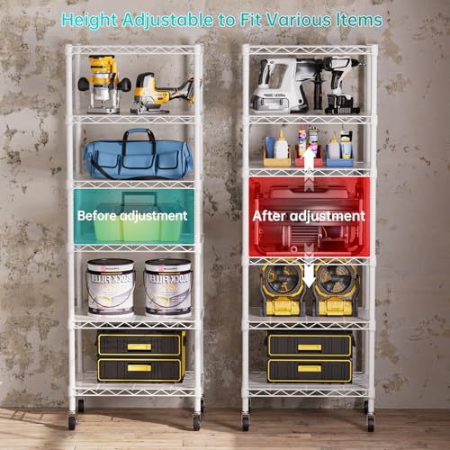 6 Small Wire Shelves Kitchen Pantry Close Home Organizers and Storage Bathroom Shelf Laundry Room Organization Adjustable Book Metal Garage Shelving Unit (White / 6-Tier 11.8"D X 17.3"W X 61.7"H)