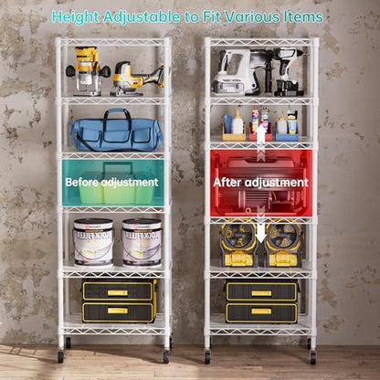 6 Small Wire Shelves Kitchen Pantry Close Home Organizers and Storage Bathroom Shelf Laundry Room Organization Adjustable Book Metal Garage Shelving Unit (White / 6-Tier 11.8"D X 17.3"W X 61.7"H)