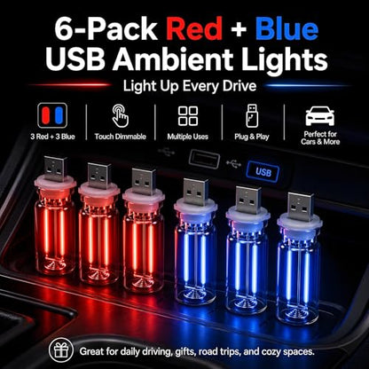 6 Pack USB Car Night Light (3Red&3Blue)
