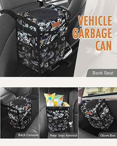 Car Trash Can with Lid Leakproof Car Garbage Bag Vehicle Trash Bin (2 Gallons / Black with Lily Print)