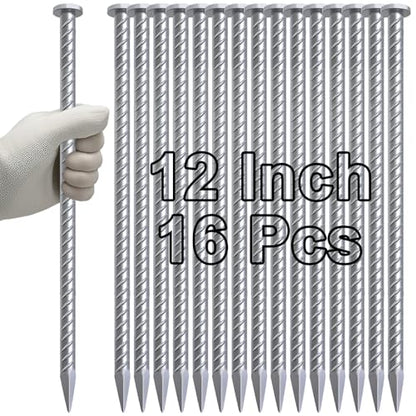 Rebar Stakes 12 Inch Galvanized Metal Steel Ground Spikes Heavy Duty (T-12 Inch-16 Pcs / T-12 Inch-Φ1/2"-Galvanized)