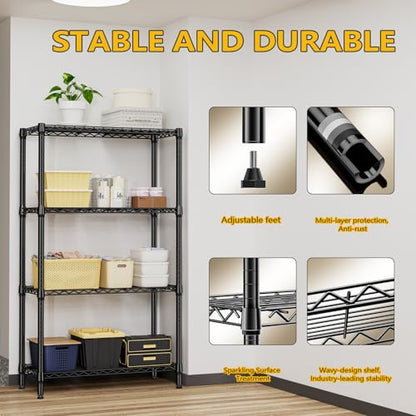 1000 lbs 4 Tier Shelf Metal Storage Shelves Shelving Wire Rack Heavy Duty Closet Organizers for Garage Kitchen Bathroom Laundry Black 15.7" D x 33.5" W x 59.5" H (4 tier, 15.7" D x 33.5" W x 59.5" H / Black)