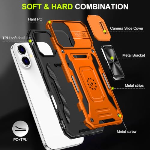 Orange Case for iPhone 16 Plus with Slide Camera Cover & Stand (iPhone 16 Plus 【6.7 inch】 / Orang+Black)