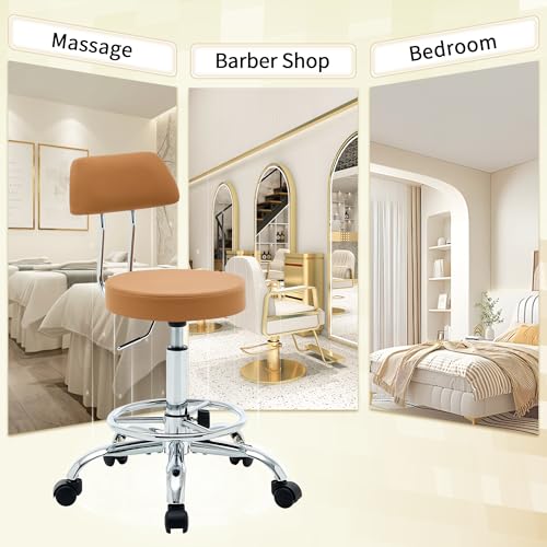 Rolling Stool with Back (Camel Brown / With Back & Footrest)