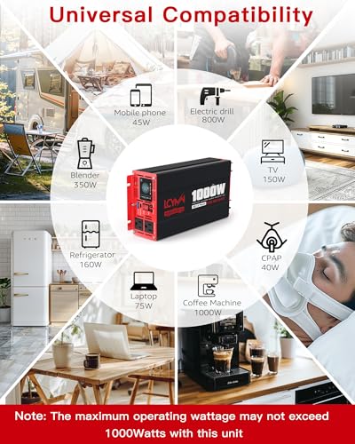 1000 Watts Pure Sine Wave Power Inverter 12V DC to 110V 120V AC Converter for Home RV Off Grid Truck Solar System Inverters with Type (1000W - 12V / Red)