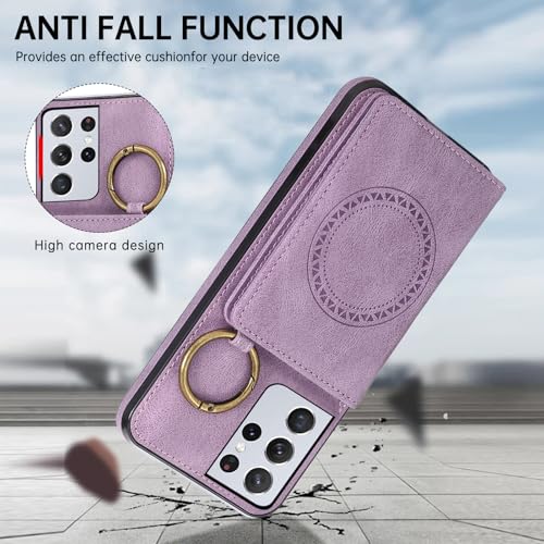 Compatible with Samsung Galaxy S21 Ultra 5G Wallet Case Screen Protector Crossbody Shoulder Strap Ring Buckle Stand Card Holder Phone Cover for S21ultra 21S S 21 21ultra G5 Women Men Purple (Purple / for S21 Ultra)