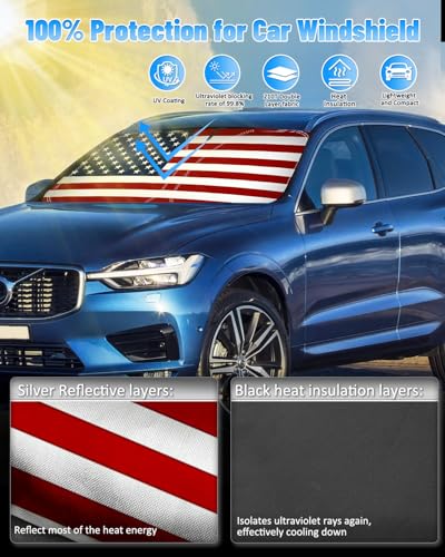 American Flag Car Windshield Sun Shade Compatible with Volvo XC90 2016 (for Volvo XC90 2016-2024 - USA Flag)