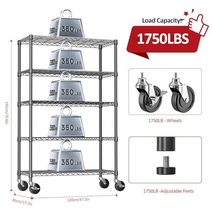 5 Tier Adjustable Heavy Duty Steel Wire Shelving Unit with Wheels (5 Tier, 17.7" D x 47.2" W x 76.7" H / Black)