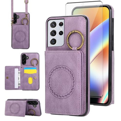 Compatible with Samsung Galaxy S21 Ultra 5G Wallet Case Screen Protector Crossbody Shoulder Strap Ring Buckle Stand Card Holder Phone Cover for S21ultra 21S S 21 21ultra G5 Women Men Purple (Purple / for S21 Ultra)