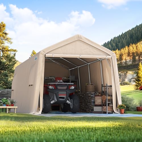 Heavy Duty 10X20 ft Carport Outdoor Patio Portable Canopy Storage Shelter Shed with 2 Rolled up Zipper Doors & Vents for Snowmobile Garden Tools (Beige / 10'x20')