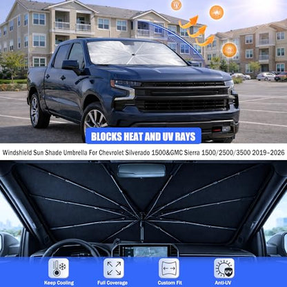 Windshield Sun Shade Umbrella for Chevy Silverado&GMC Sierra 1500 2019 (For Chevy Silverado&GMC Sierra 1500 2019-2026)