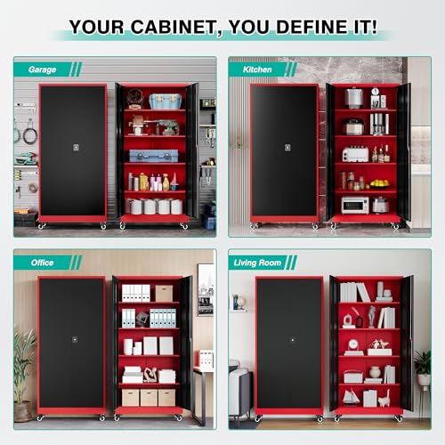 75" Tall Metal Storage Cabinet with Wheels (75"H x 31.5"W x 16"D / Red Black)