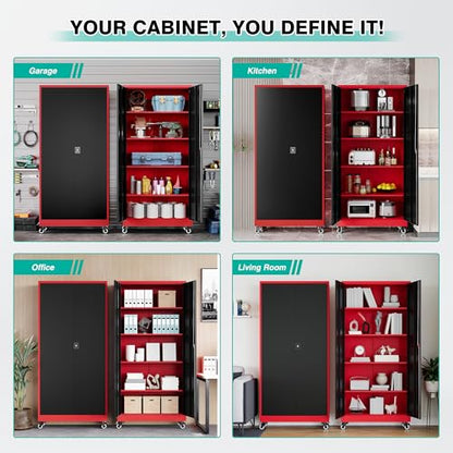 75" Tall Metal Storage Cabinet with Wheels (75"H x 31.5"W x 16"D / Red Black)