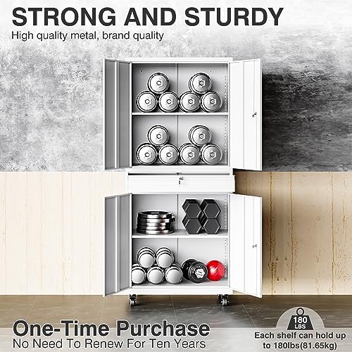 White Metal Storage Cabinet with Wheels and Drawer (73"H x 31.5"W x 16"D / White)