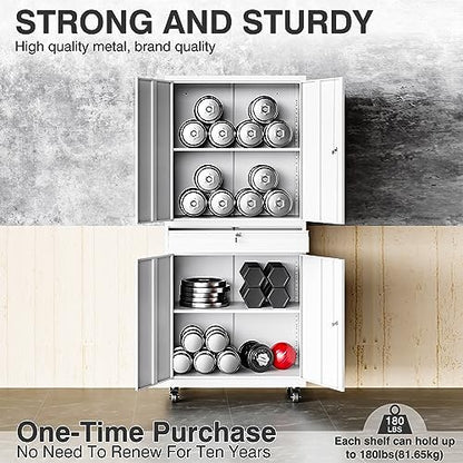 White Metal Storage Cabinet with Wheels and Drawer (73"H x 31.5"W x 16"D / White)