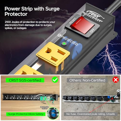 6 Outlet Heavy Duty Metal Power Strip with Switch 15A (Black+Yellow-6 Outlet-6 FT / 2PK)