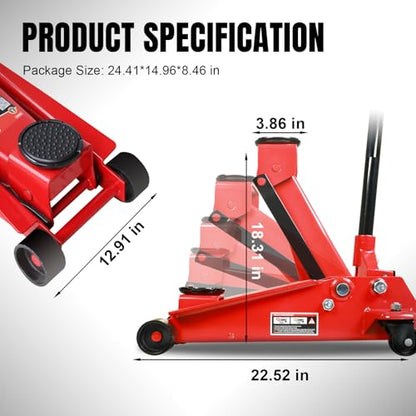 Heavy Duty Hydraulic Car Floor Jack with Quick Lift Pump for All Terrain Vehicles (Red / Single Pump / 3 Ton)