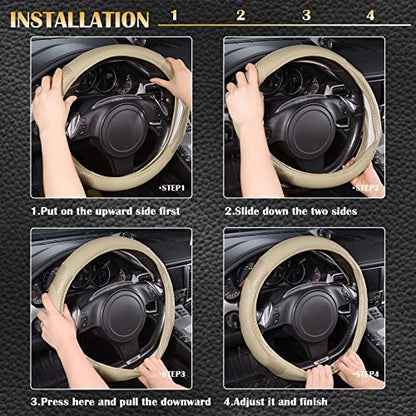 Line Rider Microfiber Leather Sporty Steering Wheel Cover Universal Fits for 95% Truck (Beige＆Carbon Fiber / Standard[14.5"-15"])