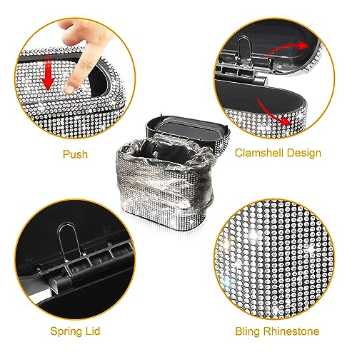 Bling Car Trash Can with 30pcs Garbage Bags (Black/White Rhinestone)