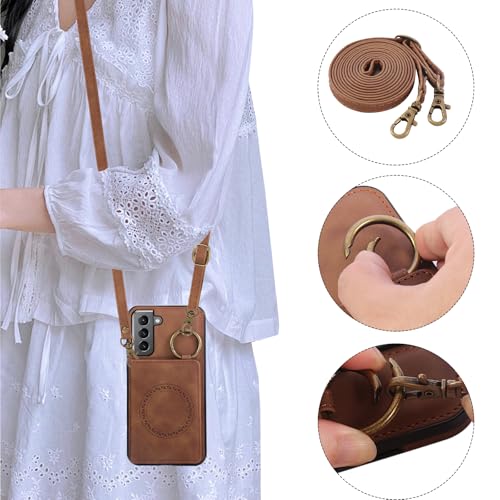 Compatible with Samsung Galaxy S21 5G 6.2 inch Wallet Case and Screen Protector Crossbody Shoulder Strap Ring Buckle Stand Card Holder Magnetic Car Mount Phone Cover for S 21 21S G5 Women Men Brown (Brown / for S21)
