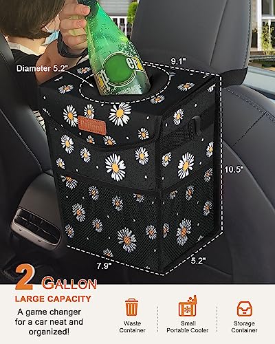 Car Trash Can with Lid Leakproof Car Garbage Bag Vehicle Trash Bin (2 Gallons / Black Flower)