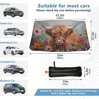 Windshield Sun Shade Umbrella Highland Cows Florals Foldable Car Front Window Sunshade Blocks UV Rays Heat Keep Vehicle Cool 55"x27.5" (multi 9)