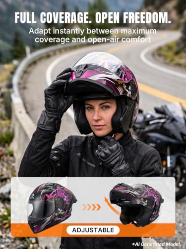 DOT Approved Modular Motorcycle Full Face Helmets Butterfly Pink (Butterfly Pink / Large)