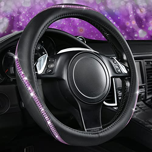 Bling Diamond Black Leather Steering Wheel Cover (Purple Diamond 1PCS)