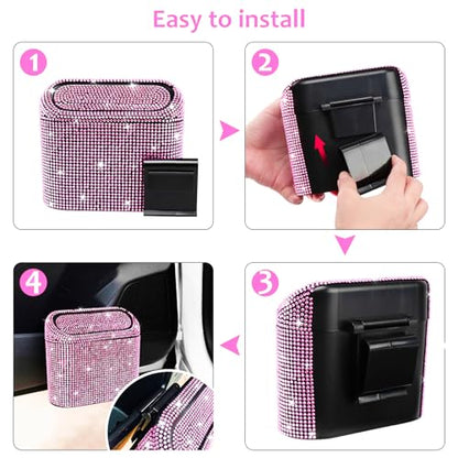 Car Trash Can with Lid (Black/Pink Rhinestone)