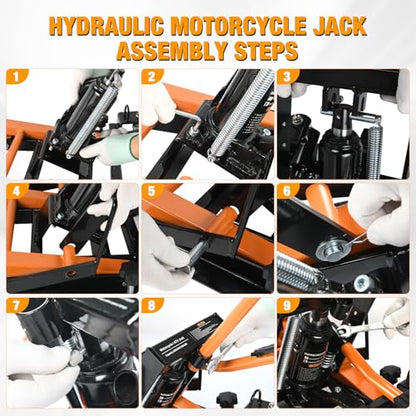 Motorcycle Lift Jack 1500 LBS Hydraulic Lifts ATV Scissor Jacks with Wheel Foot Pedal Handle Ratchet Belt Heavy Duty Lifter Stand Hoist Table for Dirt Bike Garage Storage Repair Tool (Orange Hydraulic w Wheels)