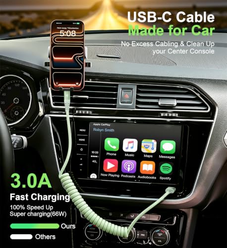 USB A to USB C Cable 3FT 2Pack Coiled USB C Fast Charging Cable for CarPlay (3FT / Green)