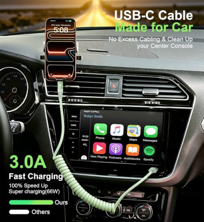 USB A to USB C Cable 3FT 2Pack Coiled USB C Fast Charging Cable for CarPlay (3FT / Green)