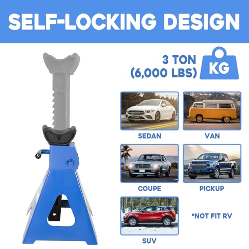 3 Ton (6,000 LBs) Automotive Jack Stands,Heavy Duty Steel Car Lifting Stand for Garages,Repair Shops,Adjustable Height 11.4"-16.8",1 Pair (3 Ton)