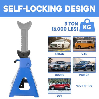 3 Ton (6,000 LBs) Automotive Jack Stands,Heavy Duty Steel Car Lifting Stand for Garages,Repair Shops,Adjustable Height 11.4"-16.8",1 Pair (3 Ton)