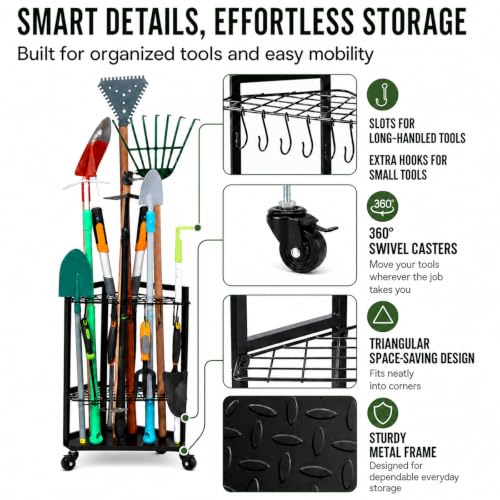 Garden Tool Organizer for Garage Corner (Triangel-Wheels-Black)