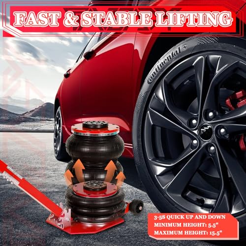 5T Triple Bag Air Jack 11000lbs Pneumatic Jack 3s Fast Lift Up 16in Airbag Jack with Adjustable Long Handle Heavy Duty Triple Air Bag Jack Lift for Cars Garage (5 Ton / red)