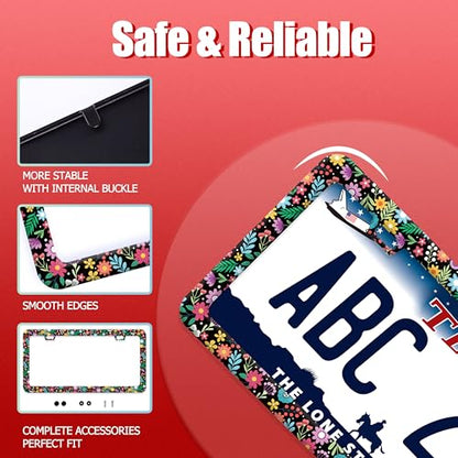 Colorful Flowers Art Stainless Steel License Plate Frame for US Cars Decor (Colorful Flowers)