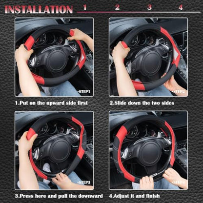 Line Rider Microfiber Leather Sporty Steering Wheel Cover Universal Fits for 95% Truck (Black＆Red / Standard[14.5"-15"])