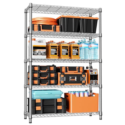 1750LBS Garage Shelving Wide Storage Shelves 5 Tier Metal Shelves Heavy Duty Adjustable Utility Shelf Rack (5 Tier, 15.7" D x 45.3" W x 70.9" H / Chrome)
