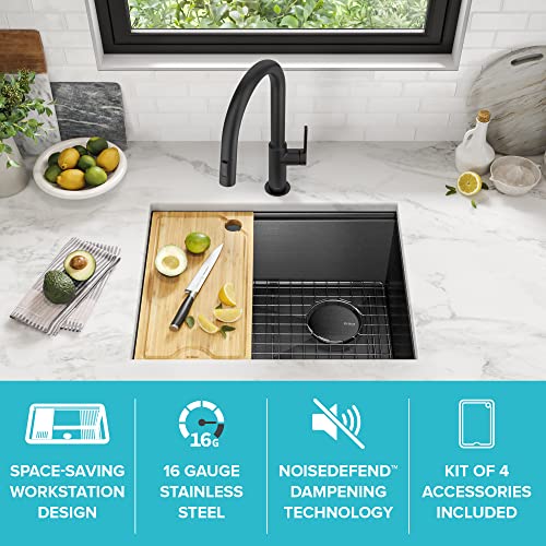 Kore 23 Inch Undermount Workstation 16 Gauge Black Stainless Steel Single Bowl Kitchen Sink in PVD Gunmetal Finish with Accessories (PVD Gunmetal / 23 inch / Sink)