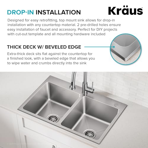 Stainless Steel 33 in Double Bowl Drop In Kitchen Sink KHT632 (33 Inch / Double Bowl — Drop In)