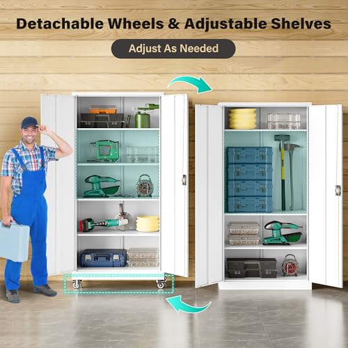 75" Tall Metal Storage Cabinet with Wheels (75"H x 31.5"W x 16"D / White)