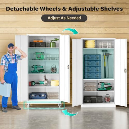 75" Tall Metal Storage Cabinet with Wheels (75"H x 31.5"W x 16"D / White)