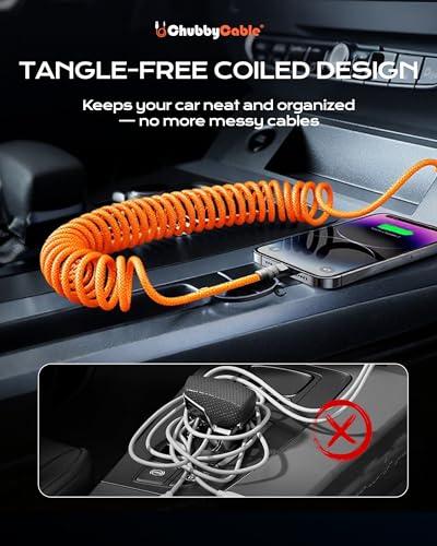 USB A to C 120W Braided Coiled Charging Cable (Orange / USB A-Type C)