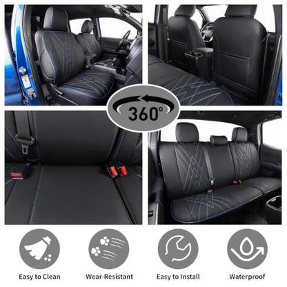 Custom Fit Tacoma Leather Car Seat Covers for Toyota Tacoma 2012 2013 2014 2015 (Leather (Black with Blue Trim) / 2012-2015 Tacoma Full Set (Trd Sport Seats))