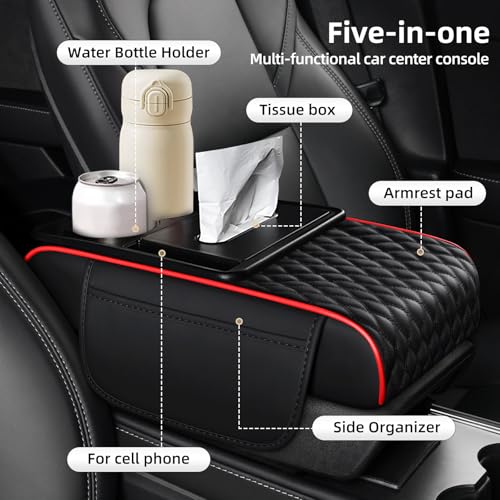 5-in-1 Car Center Console Armrest Cover Pad, Multifunctional Car Arm Rest Organizer with Cup Holder, Tissue Slot & Side Storage Pockets, Soft Leather Auto Armrest Cushion, Black Red Strip (Black Red Strip)