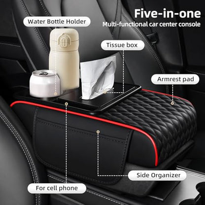 5-in-1 Car Center Console Armrest Cover Pad, Multifunctional Car Arm Rest Organizer with Cup Holder, Tissue Slot & Side Storage Pockets, Soft Leather Auto Armrest Cushion, Black Red Strip (Black Red Strip)
