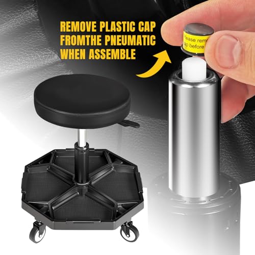 Rolling Garage Seat with Wheels Adjustable Height Pneumatic Mechanic Stool 300Lbs Heavy Duty Shop Creeper Seat with 4 Removable Storage Tool Tray Workshop Chair for Auto Repair (Black)
