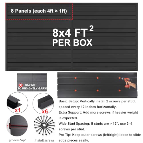 Slat Wall Paneling Garage Wall Organizer (Black / 8x4ft)