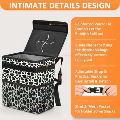 Car Trash Can with Lid Leak Proof Car Accessories for Women (2.2 Gallons / Cow Print)